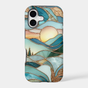 Golden Mountain Peaks Forest Stained Glass Art