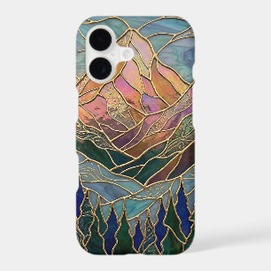 Golden Mountain Peaks Forest Stained Glass Art