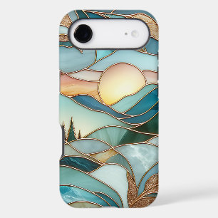 Golden Mountain Peaks Forest Stained Glass Art