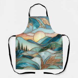 Golden Mountain Peaks Forest Stained Glass Art Apron