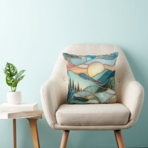 Golden Mountain Peaks Forest Stained Glass Art Throw Pillow