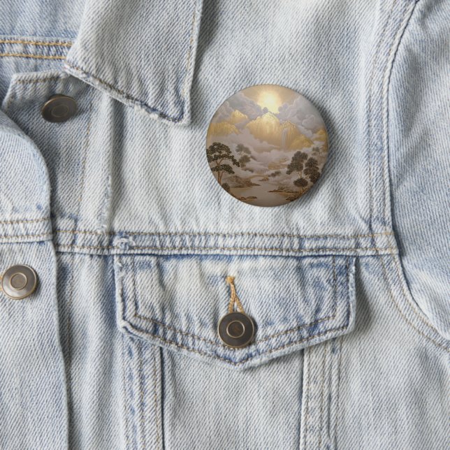 Golden Mountains and Misty Temples Japanese Art  2 Inch Round Button (In Situ)