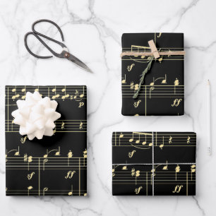 Golden Music on Black Wrapping Paper Sheet
