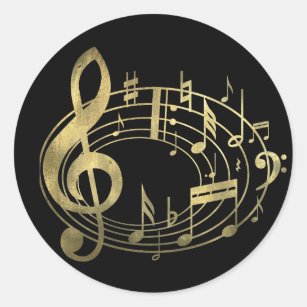 Golden musical notes in oval shape classic round sticker