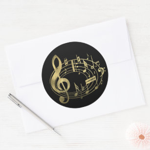 Golden musical notes in oval shape classic round sticker