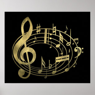 Golden musical notes in oval shape poster
