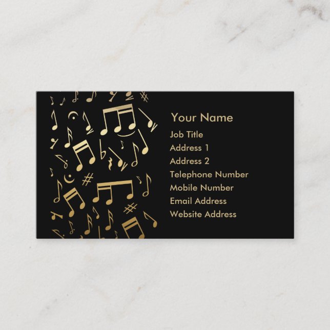 Golden musical notes on Black Business Card (Front)