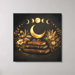 Golden Mystic Library & Botanical Boho Moon Art Canvas Print