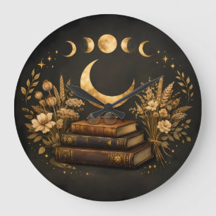 Golden Mystic Library & Botanical Boho Moon Art Large Clock