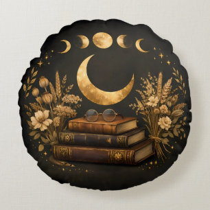 Golden Mystic Library & Botanical Boho Moon Art Round Pillow