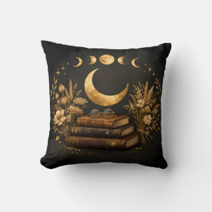 Golden Mystic Library & Botanical Boho Moon Art Throw Pillow