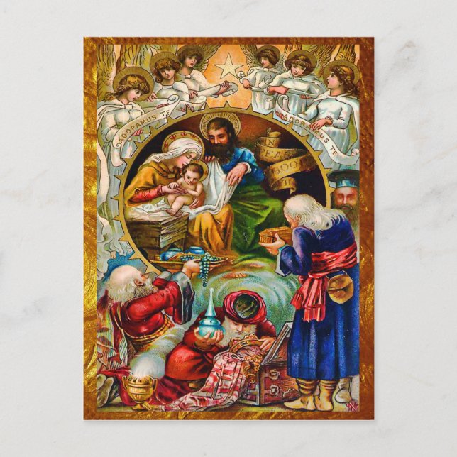 Golden Nativity Scene Postcard (Front)