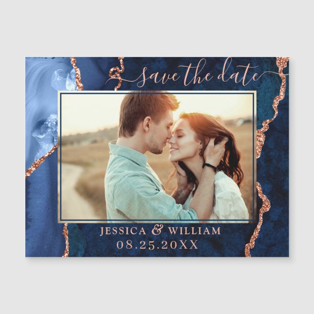 Golden Navy Blue Agate Save the Date Magnetic Card (Front)