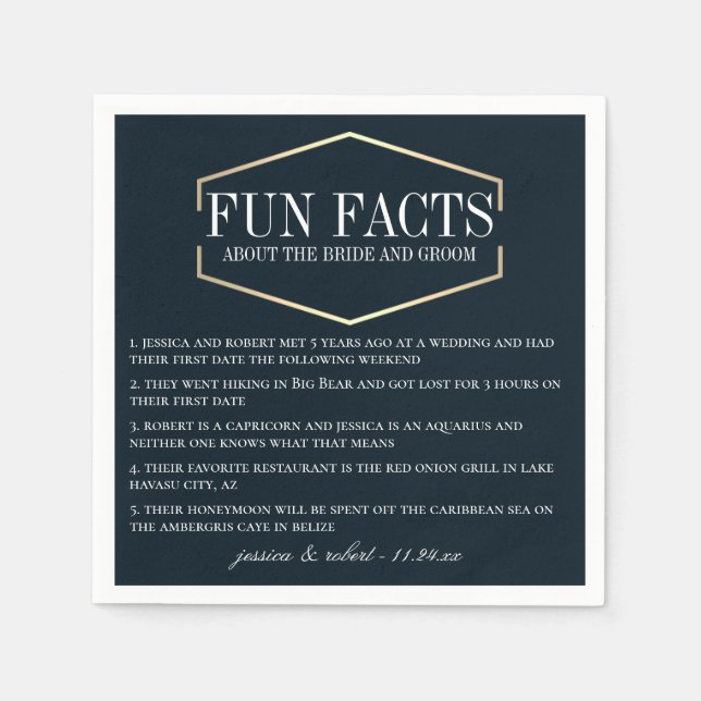 Golden Navy Blue Fun Facts Personalized Napkin (Front)