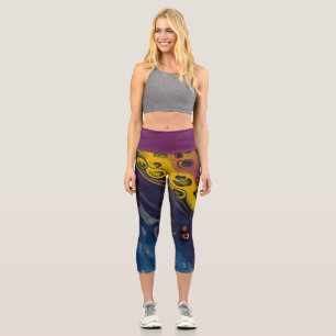Golden Nebula, Bright Yellow, Blue, Silver Capri Leggings