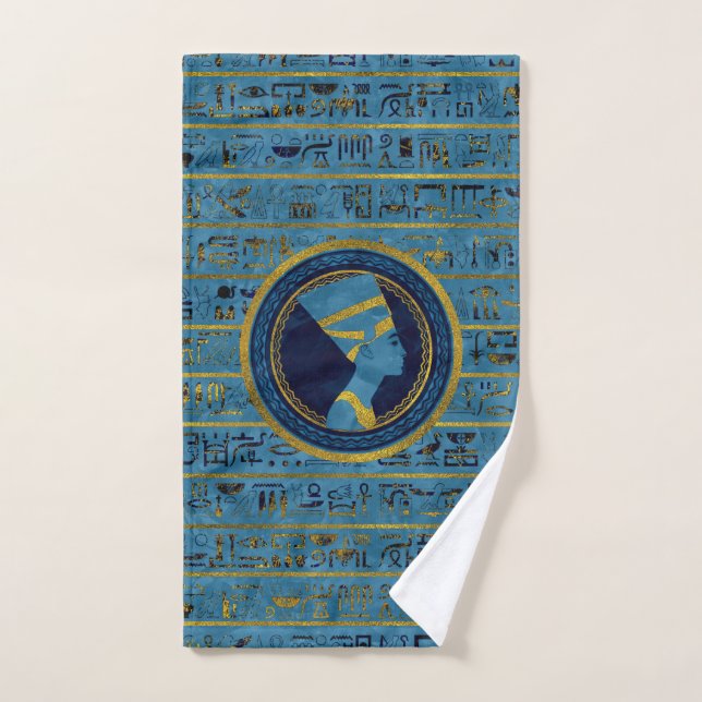 Golden Nefertiti on blue marble stone Bath Towel Set (Hand Towel)