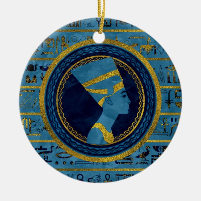 Golden Nefertiti on blue marble stone Ceramic Ornament (Front)