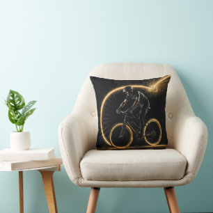 Golden Neon Bike With Light Trails Throw Pillow