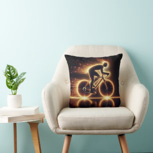 Golden Neon Bike With Light Trails Throw Pillow