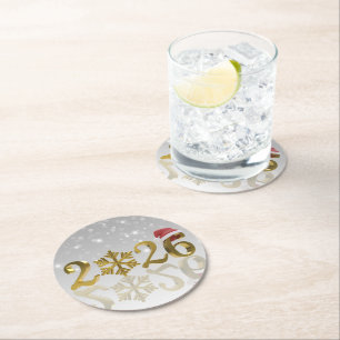 Golden New Year 2026 with Snowflake and Santa Hat Round Paper Coaster