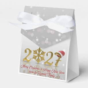 Golden New Year 2027 with Snowflake and Santa Hat Favor Box