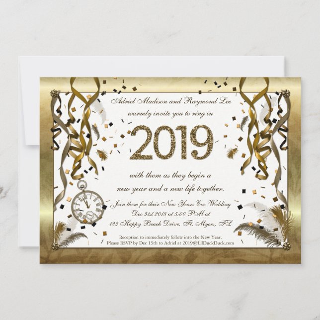 Golden New Years Eve Wedding Invitations (Front)