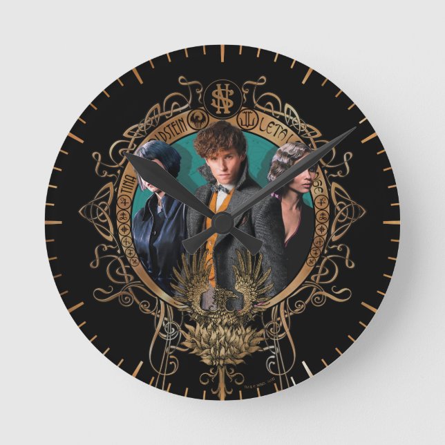 Golden Newt, Tina, and Leta Art Deco Portrait Round Clock (Front)