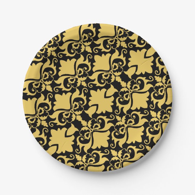 Golden Night Damask Bows Paper Plate (Front)