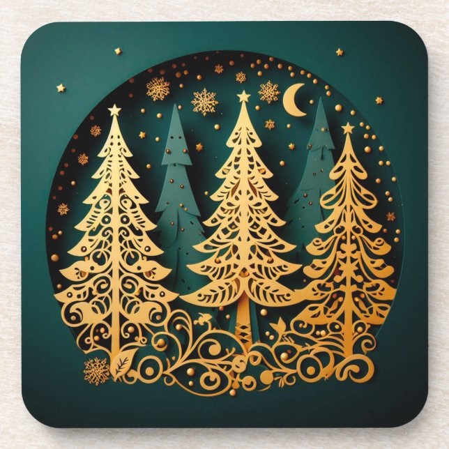 Golden Night Woodland – Christmas Tree Pattern Coaster (Front)