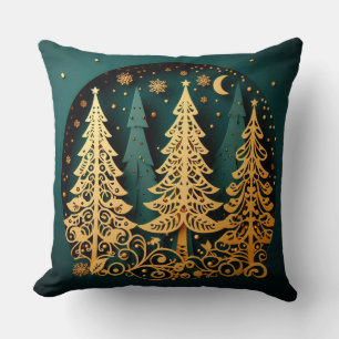 Golden Night Woodland – Christmas Tree Pattern Throw Pillow