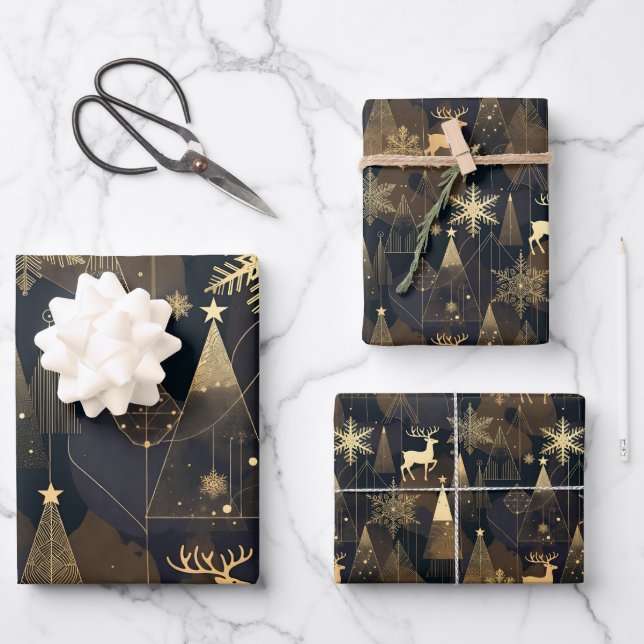 Golden Noir Christmas Forest Wrapping Paper Sheet (Front)