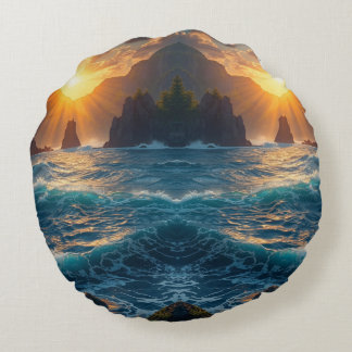 Golden Ocean Sunset Mountain Coastal Nature  Round Pillow