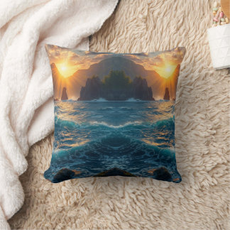 Golden Ocean Sunset Mountain Coastal Nature  Throw Pillow