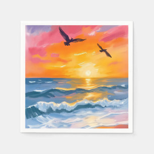 Golden Ocean Sunset Watercolor Beach Painting Napkin