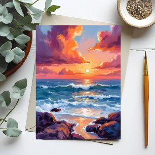 Golden Ocean Sunset   Watercolor Coastal Radiant Postcard