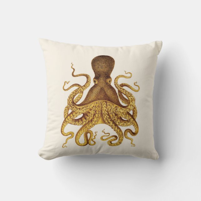 Golden Octopus Illustration on Cream Throw Pillow (Front)