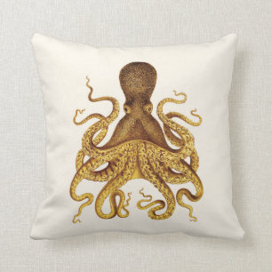 Golden Octopus Illustration on Cream Throw Pillow