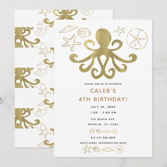 Golden Octopus & Sea Shells Beach Birthday Party Invitation (Front/Back)