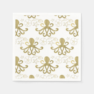 Golden Octopus & Sea Shells Beach Birthday Party Napkin
