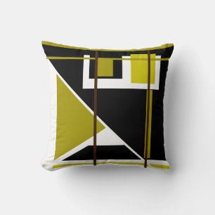 Golden Olive Black White Geometric Retro Look Throw Pillow