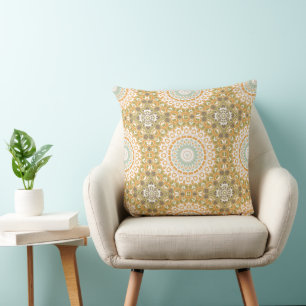 Golden Olive Retro Mandala Design Throw Pillow