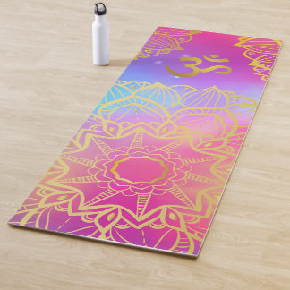Golden Om Boho Rainbow Watercolor Mandala Yoga Mat