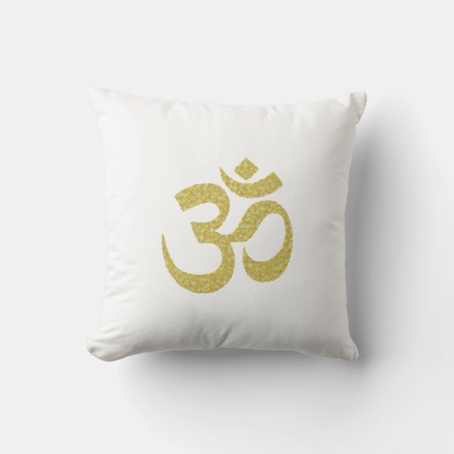 Golden Om Buddhist Symbol for White Square Pillow (Front)