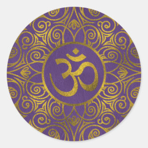 Golden  OM symbol with  on pastel purple Classic Round Sticker