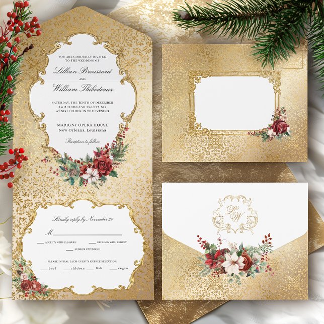 Golden Opulence Christmas Floral Wedding All In One Invitation (Creator Uploaded)