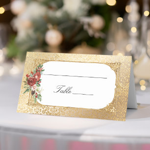 Golden Opulence Christmas Floral Wedding Place Card