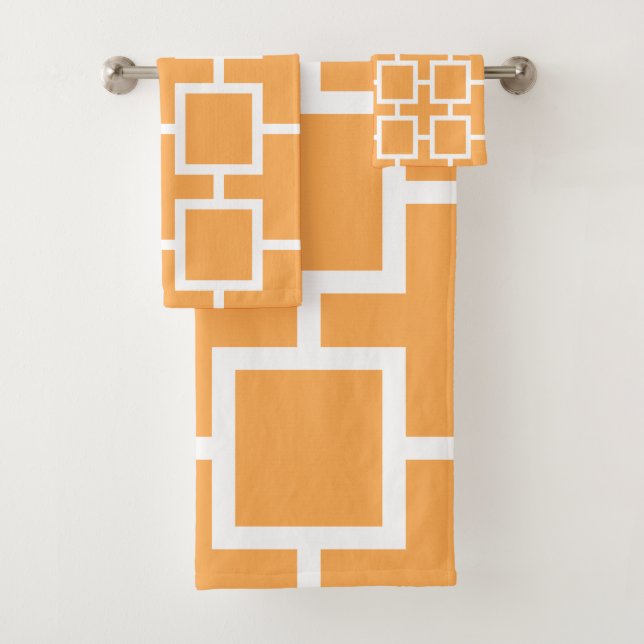 Golden Orange and White Geometric Square Pattern Bath Towel Set (Insitu)