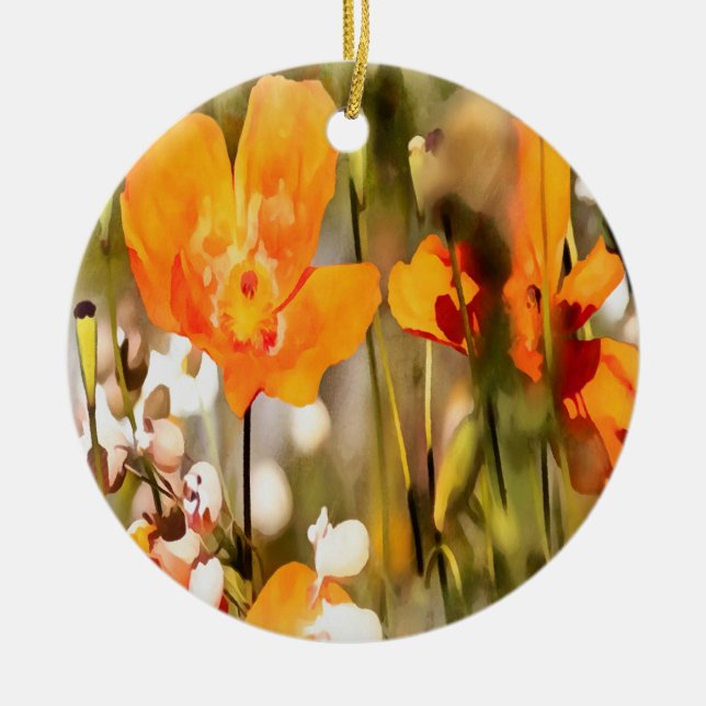 Golden Orange California Poppy Acrylic Painting Ceramic Ornament (Front)
