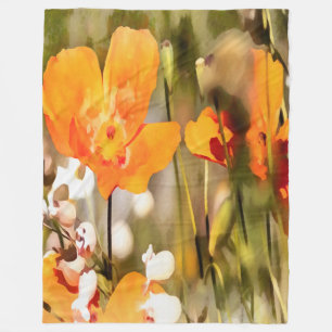 Golden Orange California Poppy Acrylic Painting Fleece Blanket