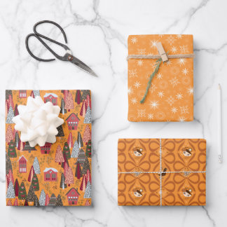 Golden Orange Christmas Forest Village Birds Wrapping Paper Sheet